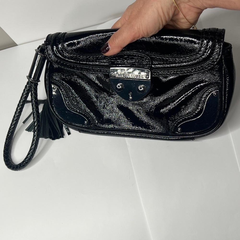 Elliott Lucca Patent Leather Blackened Metal Hardware Wristlet Clutch Bag - New